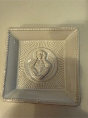 Juliska Cream Ceramic Square Dish with Monkey Medallion- Hear No Evil